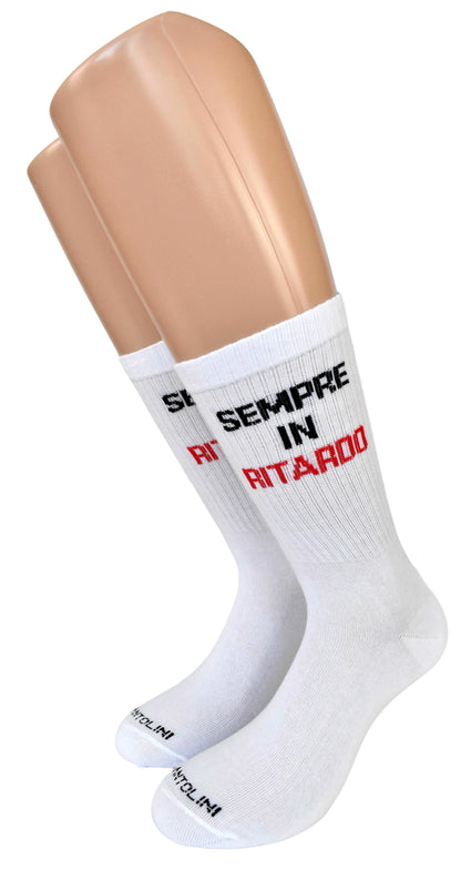Calze Fantasia "Sempre Ritardo" Unisex Bianco Linea Funny - Cod. Sempre Ritardo