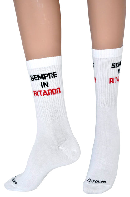 Calze Fantasia "Sempre Ritardo" Unisex Bianco Linea Funny - Cod. Sempre Ritardo